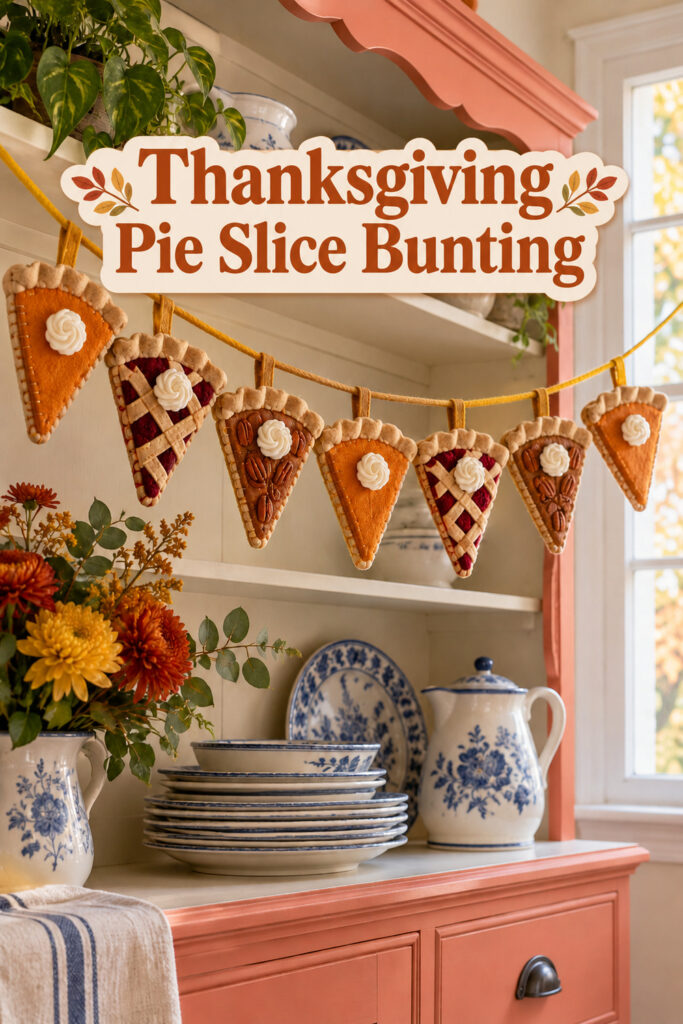 Thanksgiving pie slice garland on a kitchen hutch with website post title