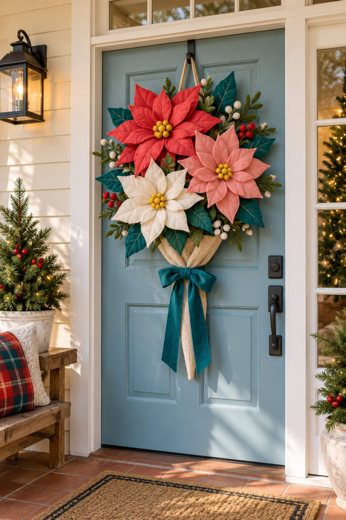 Red pink and ivory felt poinsettia door bouquet with teal leaves a natural fabric wrap and teal bow on a blue Christmas door