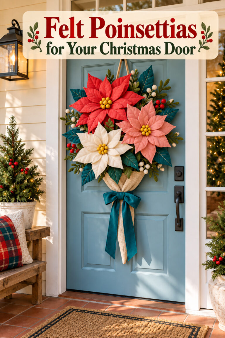 Stitched poinsettia bouquet against a blue door with text Felt Poinsettias for Your Christmas Door