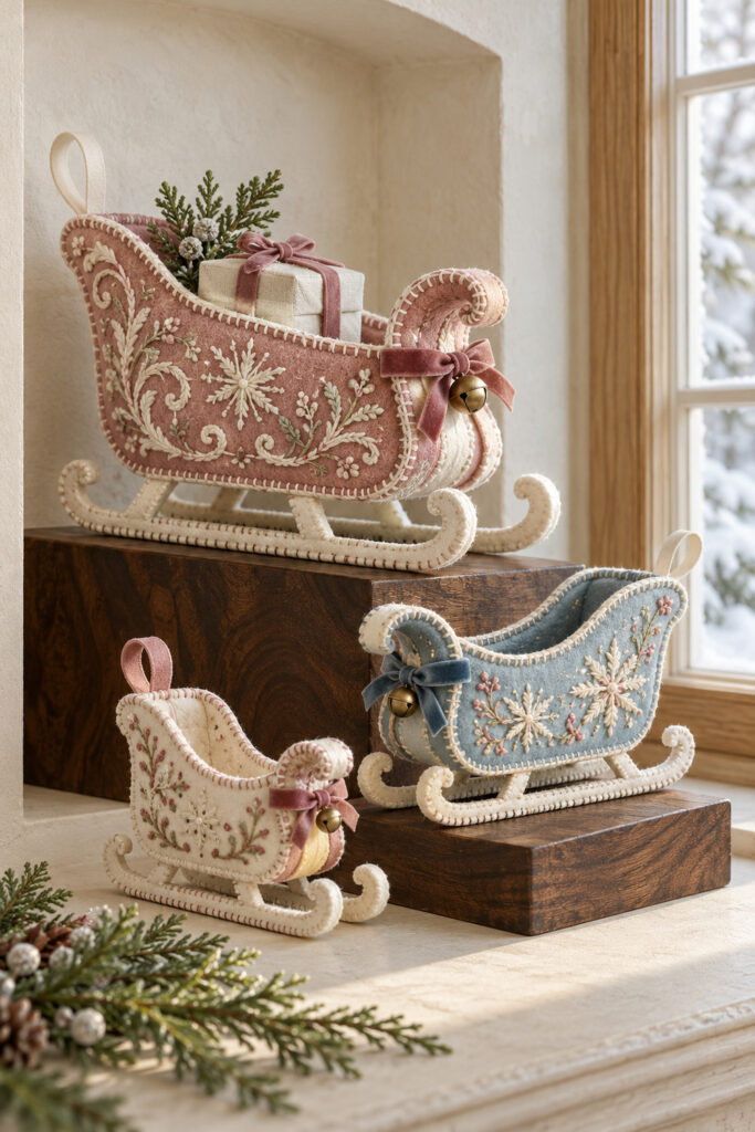 Three embroidered felt sleigh ornaments in rose blue and ivory displayed on dark wooden blocks beside a window