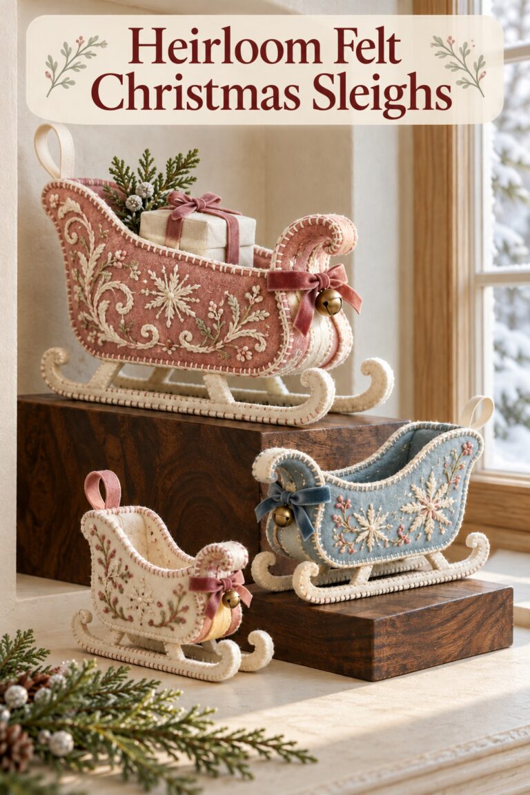 Heirloom felt Christmas sleighs headline over embroidered miniature sleighs with curled ivory runners and ribbon bows