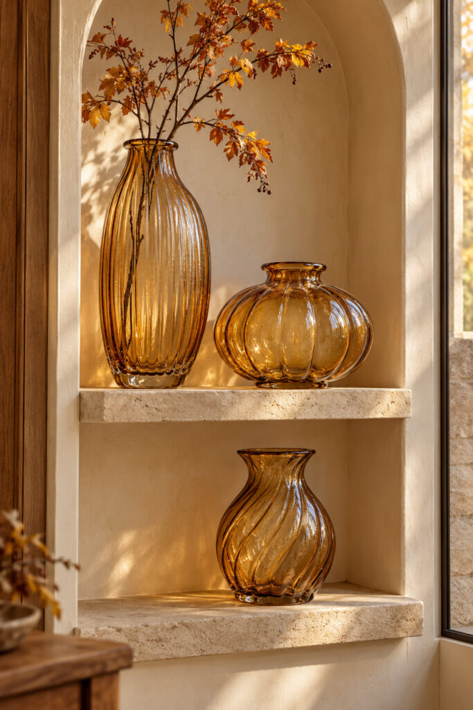 Three differently shaped fluted amber vases with autumn branches in a pale arched wall niche