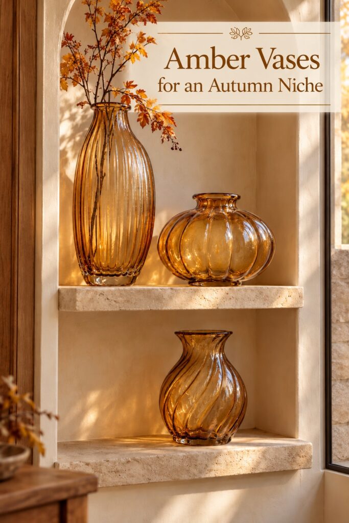 Three differently shaped fluted amber vases with autumn branches in a pale arched wall niche with text Amber Vases for an Autumn Niche