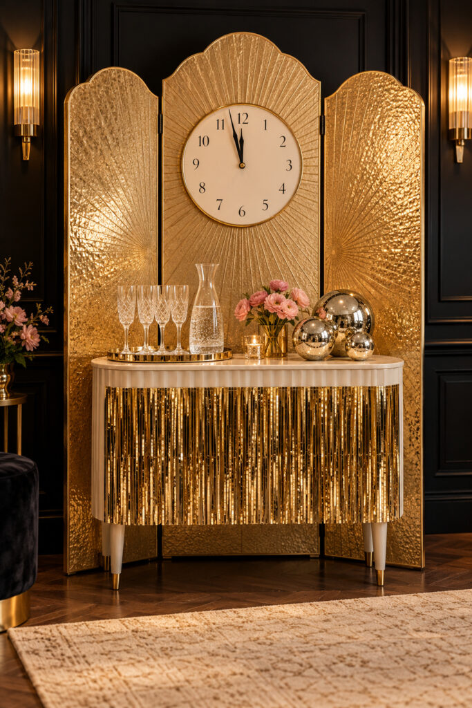 Gold folding screen with a large clock behind a cream console with flutes pink flowers mirrored spheres and gold fringe