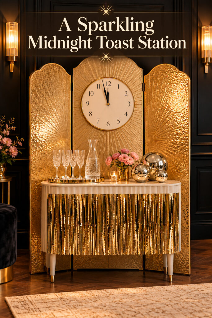 A Sparkling Midnight Toast Station headline above a gold countdown screen and decorated drinks console
