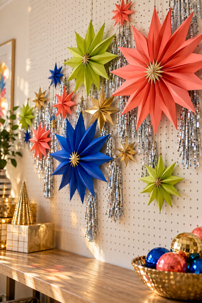old Your Own Christmas Stars text over colorful dimensional paper stars and silver tinsel on a pegboard craft wall