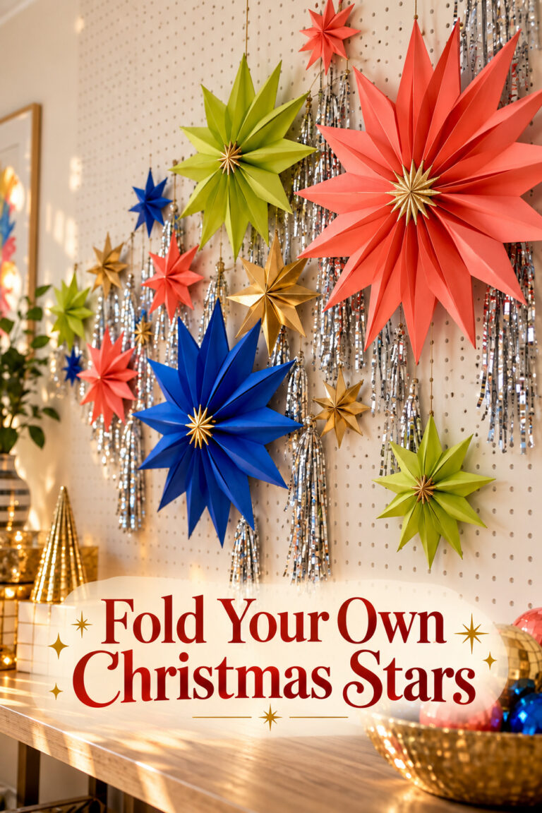 bold Your Own Christmas Stars text over colorful dimensional paper stars and silver tinsel on a pegboard craft wall