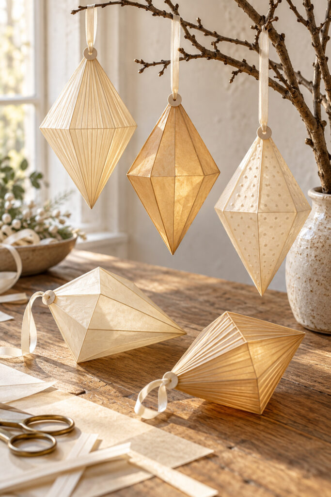 Translucent folded paper diamond ornaments with ivory ribbon loops hanging from a branch and resting on a craft table