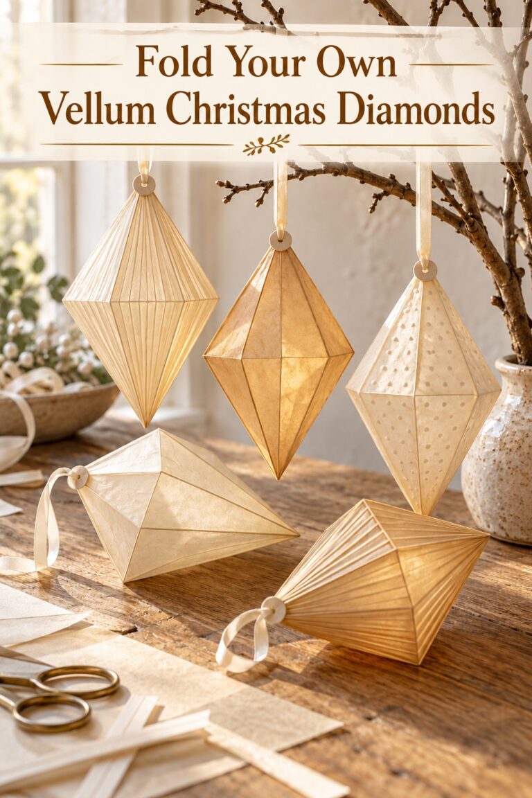 Translucent folded paper diamond ornaments with ivory ribbon loops hanging from a branch and resting on a craft table with text Fold Your Own Vellum Christmas Diamonds