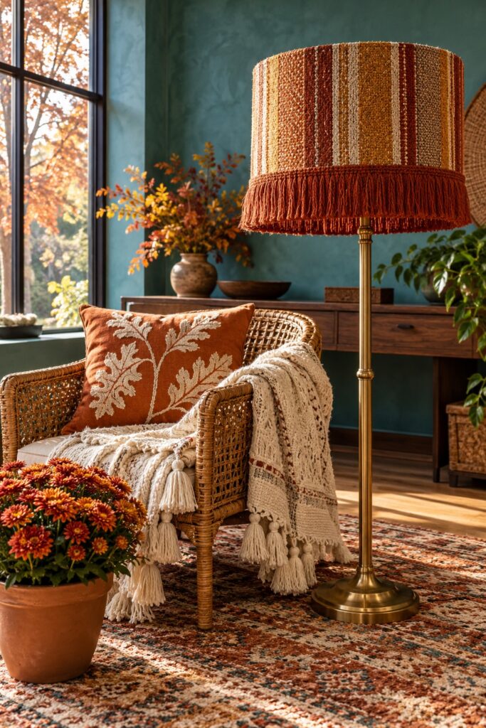 A rust fringed floor lamp stands beside a woven chair with an orange leaf cushion and cream tasseled throw in a teal home office