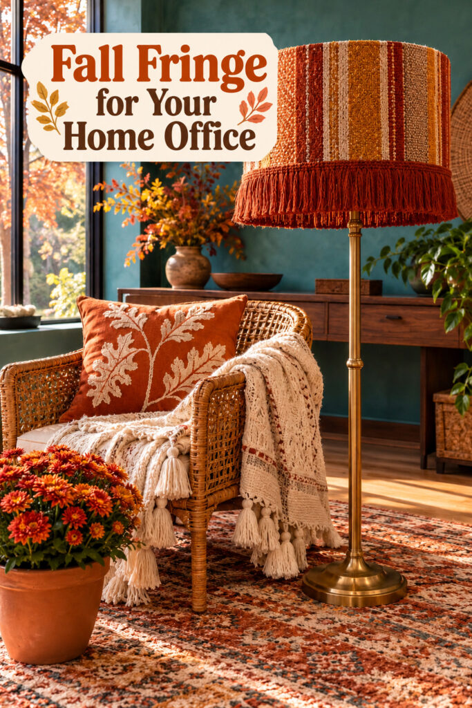 Fall Fringe for Your Home Office text beside a striped rust lampshade and a woven chair with cream tassels