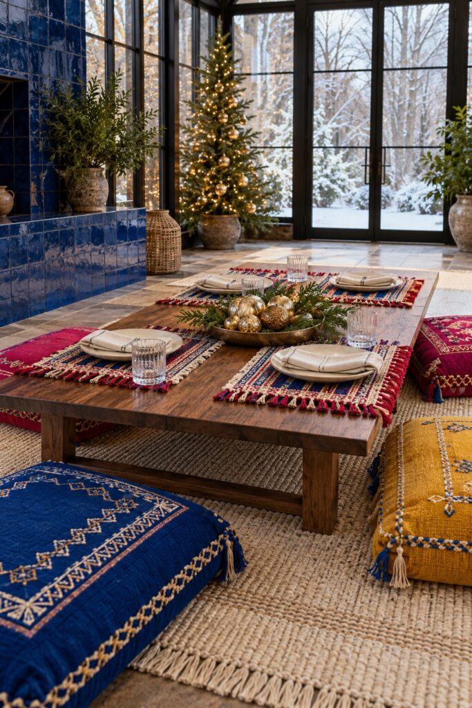 A low Christmas table with fringed placemats and cedar ornaments is surrounded by colorful floor cushions in a glazed garden room