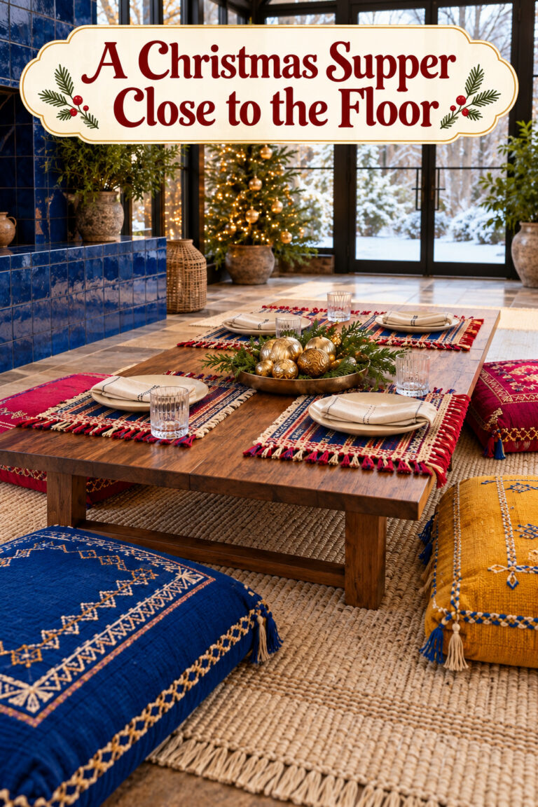 A Christmas Supper Close to the Floor text above a low table with striped mats gold baubles and colorful cushions