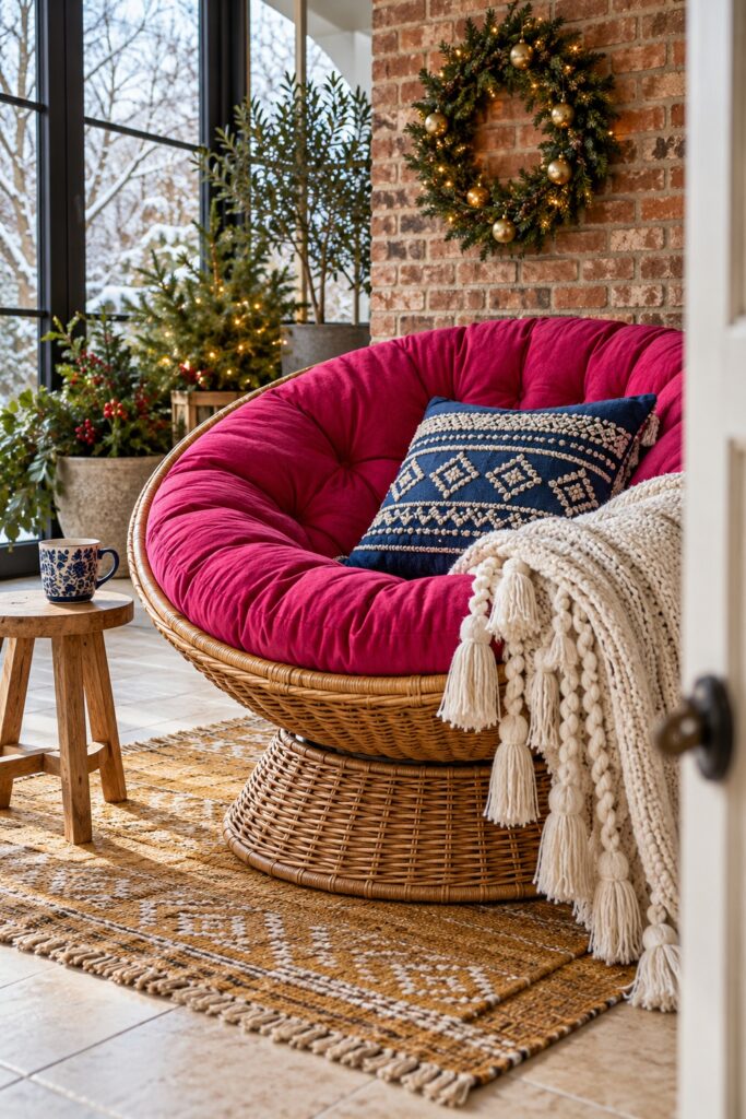 A wicker papasan chair with a fuchsia cushion blue embroidered pillow and cream fringed throw sits beneath a Christmas wreath in a garden room