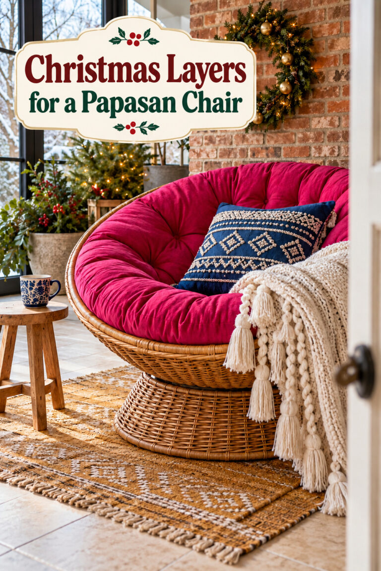 Christmas Layers for a Papasan Chair text above a pink wicker seat with a blue embroidered pillow and cream tassels