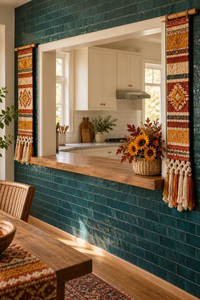 Fringed striped textile panels frame a teal kitchen serving hatch beside a basket of sunflowers and autumn leaves