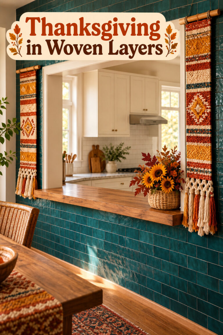 Thanksgiving in Woven Layers text over a teal serving hatch framed by rust and saffron fringed panels