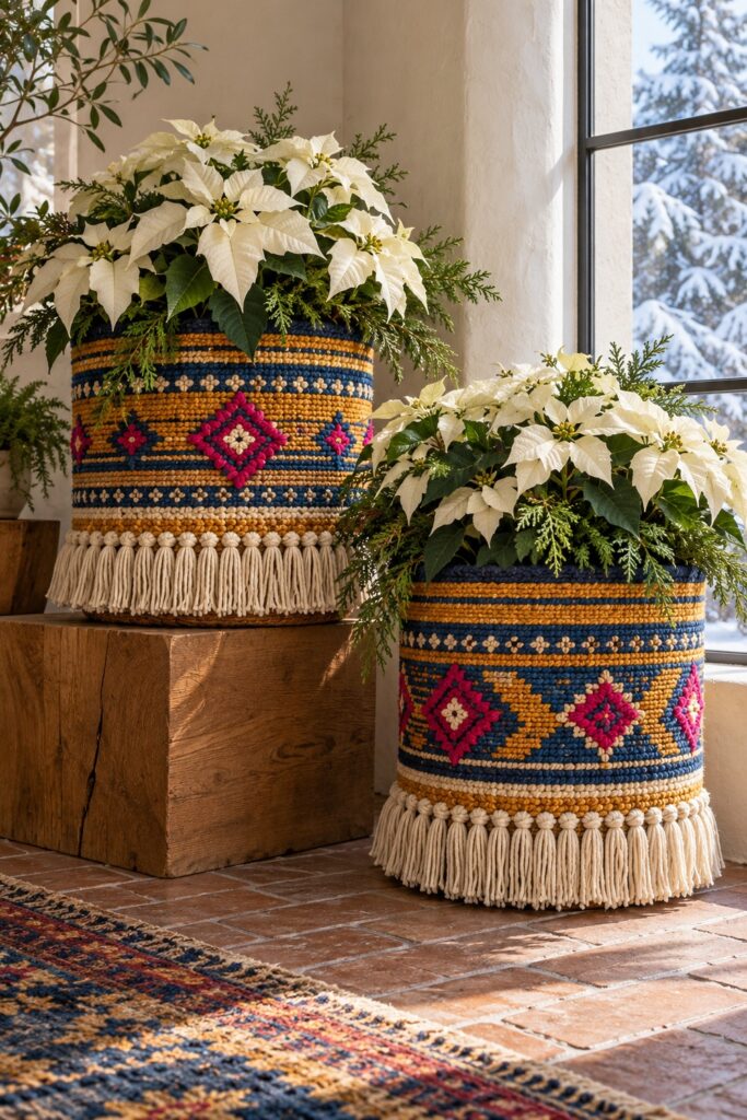White poinsettias fill woven baskets with blue and saffron embroidered textile covers and cream fringe in a pale plant room