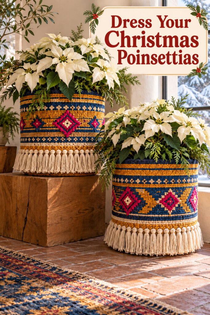 Dress Your Christmas Poinsettias text above white plants in blue and saffron textile basket covers with cream fringe