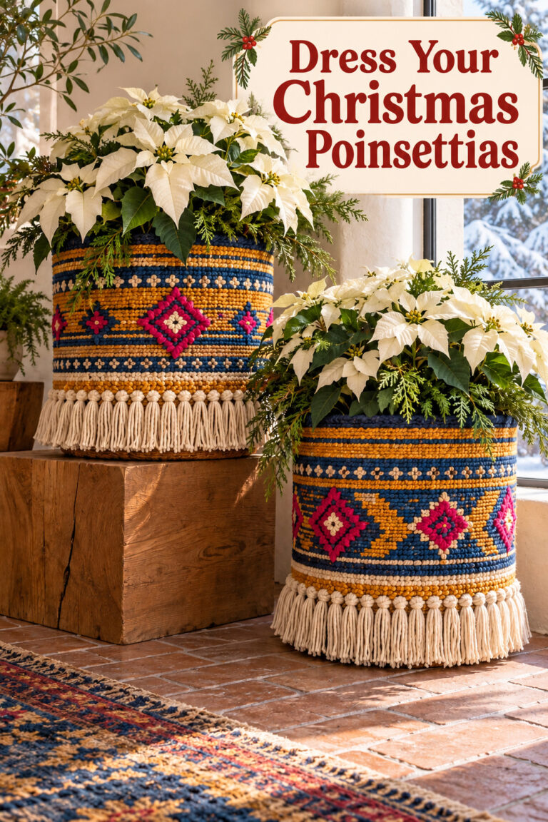 Dress Your Christmas Poinsettias text above white plants in blue and saffron textile basket covers with cream fringe