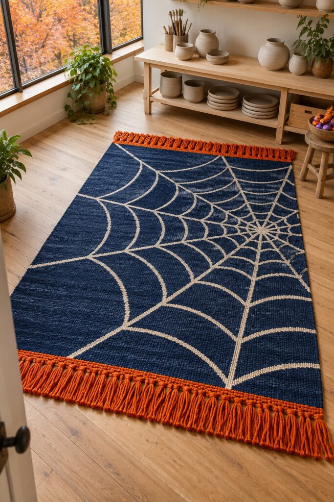 An indigo rug with an ivory spiderweb and orange fringe lies on the open floor of a pale home ceramics studio