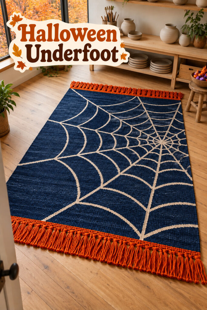 Halloween Underfoot text above a blue spiderweb rug with orange fringe in a sunlit craft room