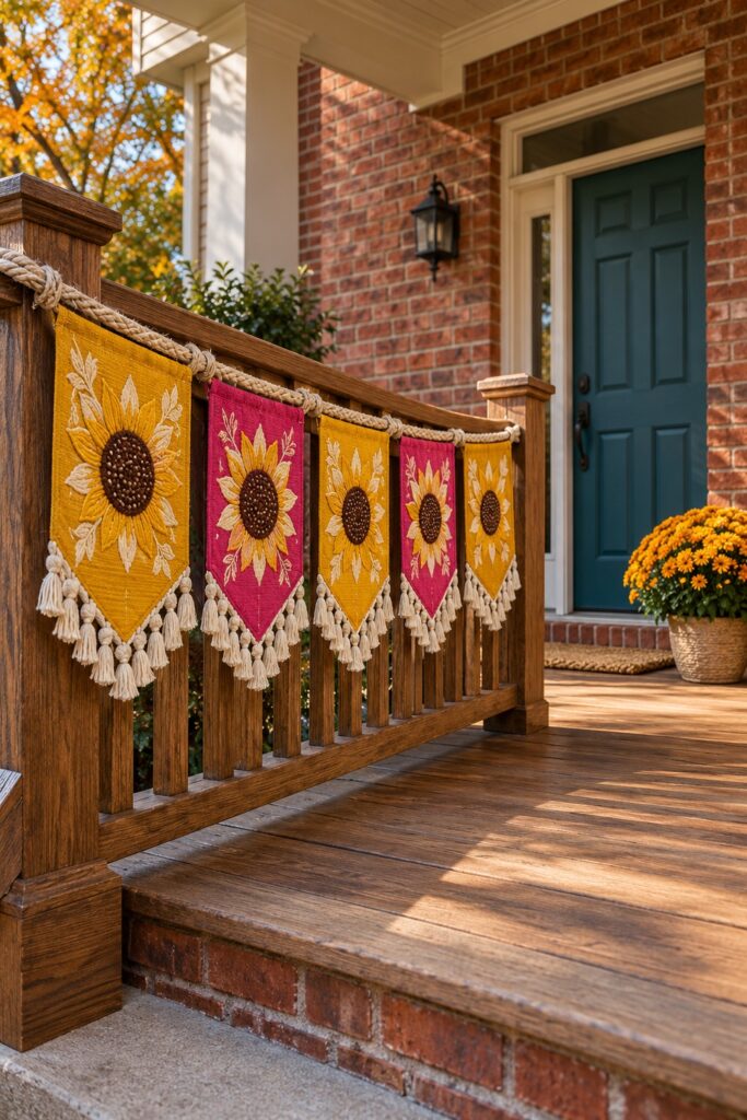 Saffron and fuchsia sunflower pennants with cream fringe hang from a braided cord along a brick porch rail near a teal door