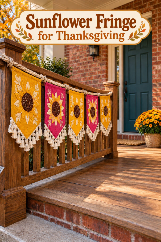Sunflower Fringe for Thanksgiving text above gold and pink sunflower pennants tied along a wooden porch rail