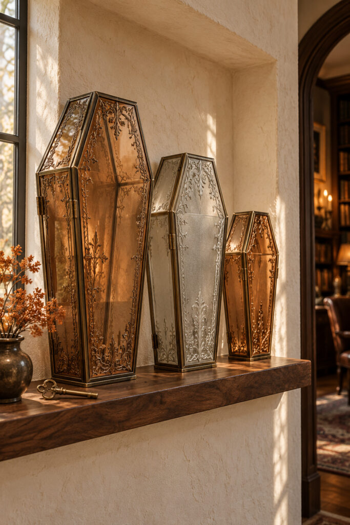 Three upright glass coffin boxes in amber and smoky tones with decorative metal borders on a wooden Halloween shelf