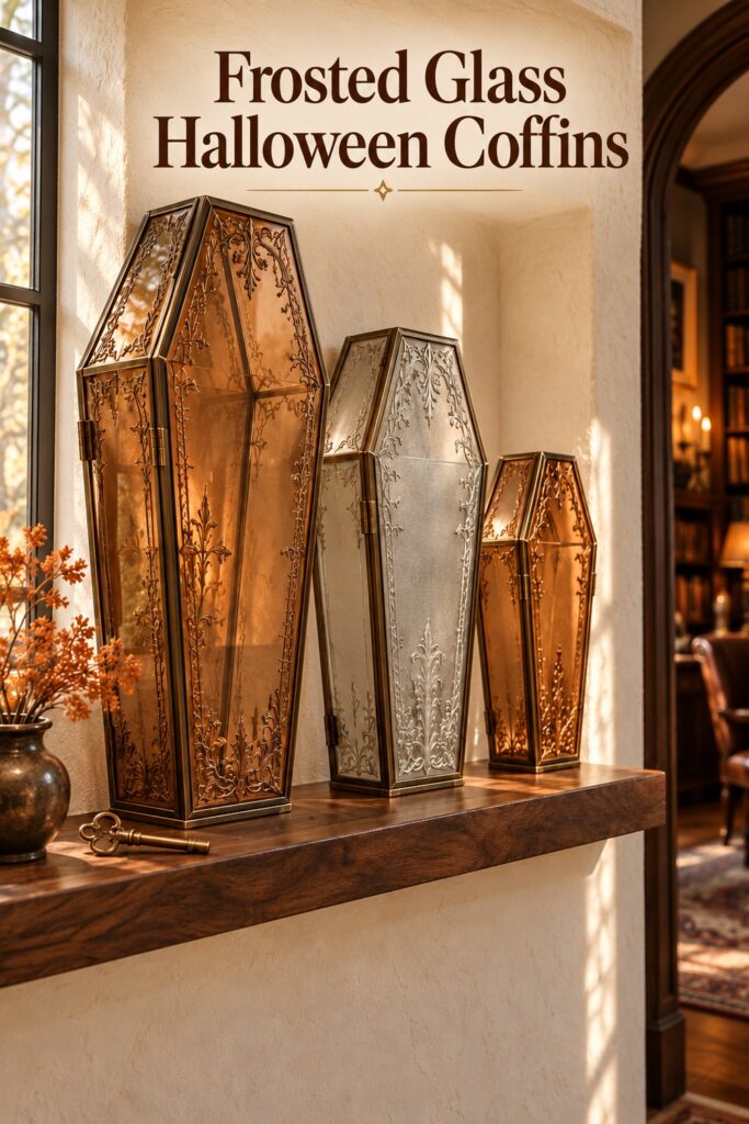 Three upright glass coffin boxes in amber and smoky tones with decorative metal borders on a wooden Halloween shelf with text Frosted Glass Halloween Coffins