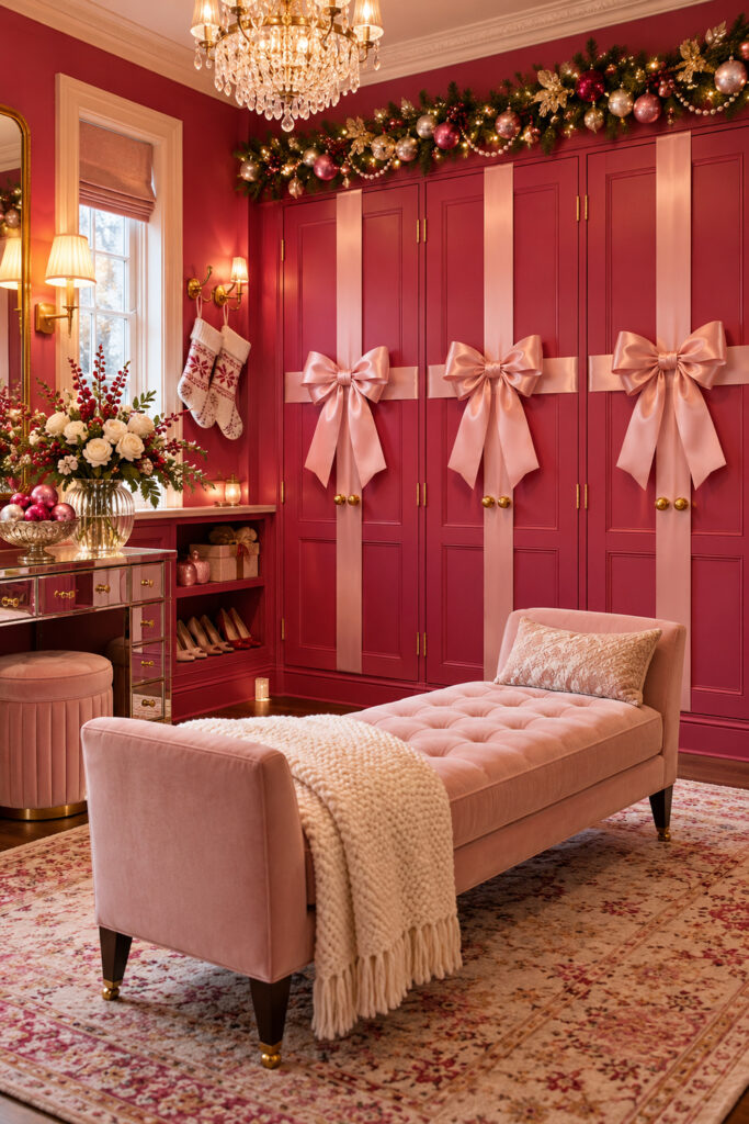 Fuchsia wardrobe doors crossed with blush ribbons and bows beneath a Christmas garland