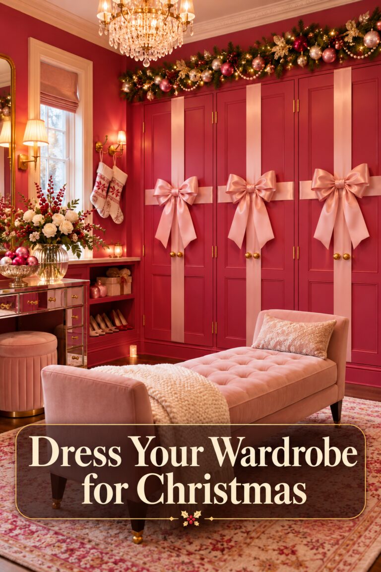 Pink Christmas dressing room with ribbon wrapped doors and Dress Your Wardrobe for Christmas text