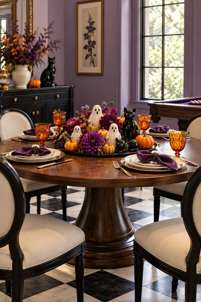 Round walnut Halloween table with white ghosts black cats purple flowers orange pumpkins purple napkins and amber goblets