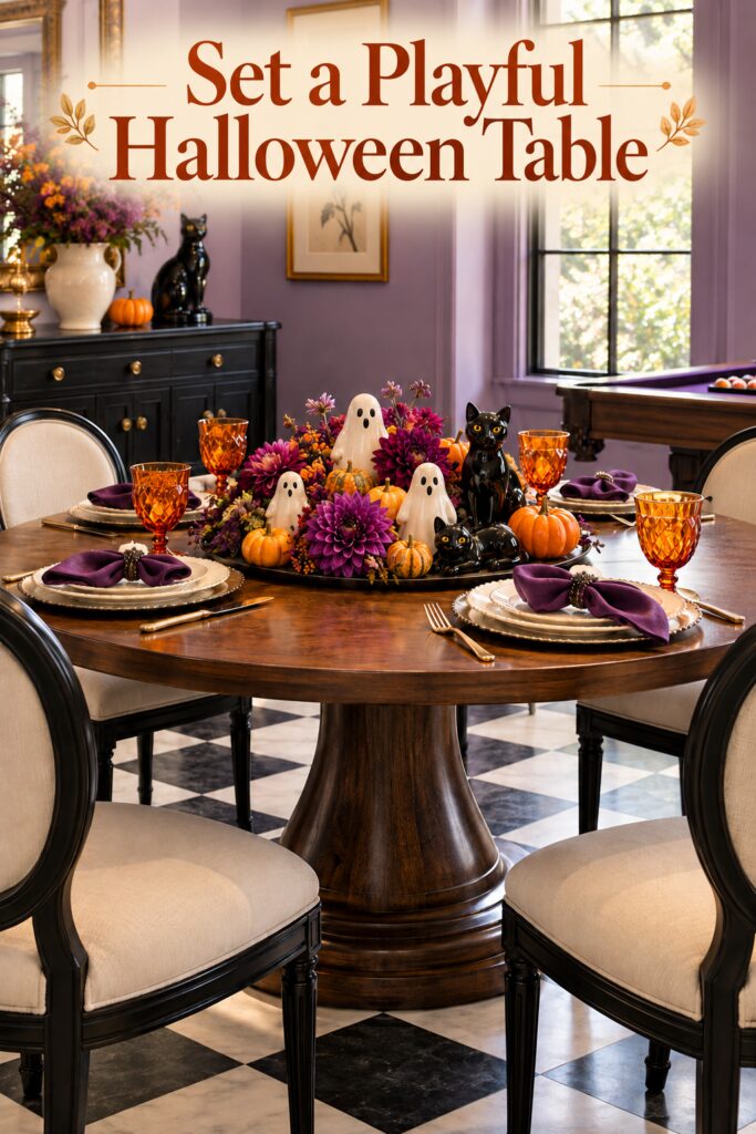 Set a Playful Halloween Table headline above ghost and cat figures purple flowers amber goblets and matching napkins