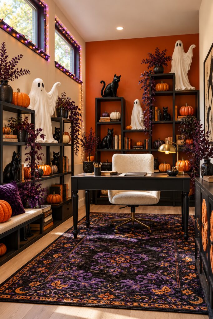 Halloween home office with white ghosts black cat figures and pumpkins on shelves around a black desk beneath purple and orange window lights