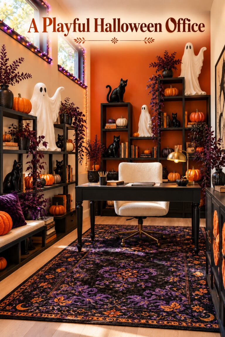 A Playful Halloween Office headline above white ghost figures and black cats on dark shelves against an orange wall