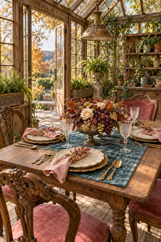 Thanksgiving table with dark grapes cream flowers teal velvet runner rose napkins and gold trimmed place settings in a glasshouse