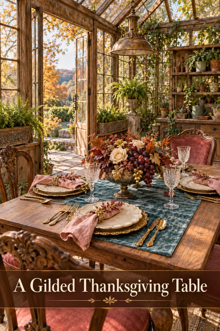 A Gilded Thanksgiving Table headline over thanksgiving table with dark grapes cream flowers teal velvet runner rose napkins and gold trimmed place settings in a glasshouse