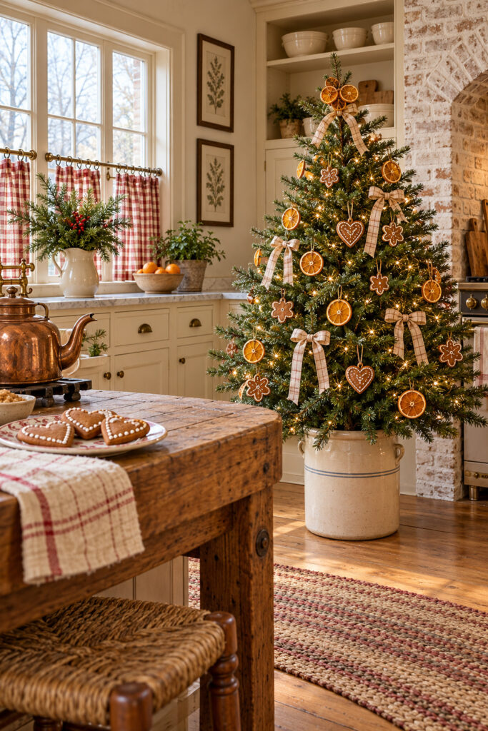 Farmhouse kitchen Christmas tree with gingerbread hearts orange slices cream check bows and warm lights above a stoneware crock