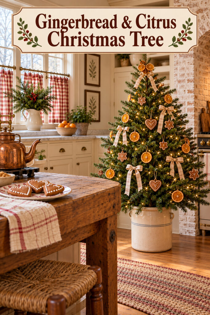 Farmhouse kitchen Christmas tree with gingerbread hearts orange slices cream check bows and warm lights above a stoneware crock with text reading Gingerbread and Citrus Christmas Tree