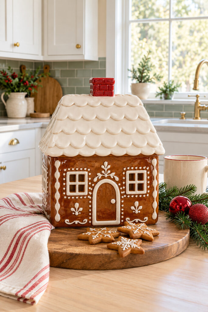 Brown gingerbread house cookie jar with a cream roof and red chimney on a wooden board beside cookies
