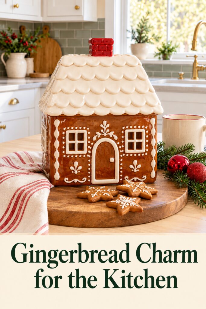 Gingerbread house cookie jar above a cream panel reading Gingerbread Charm for the Kitchen