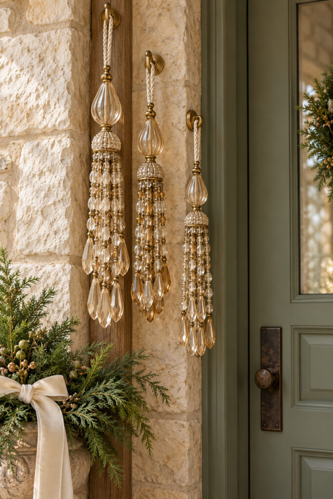 Three beaded Christmas tassels with fluted top beads and hanging glass drops beside a sage front door