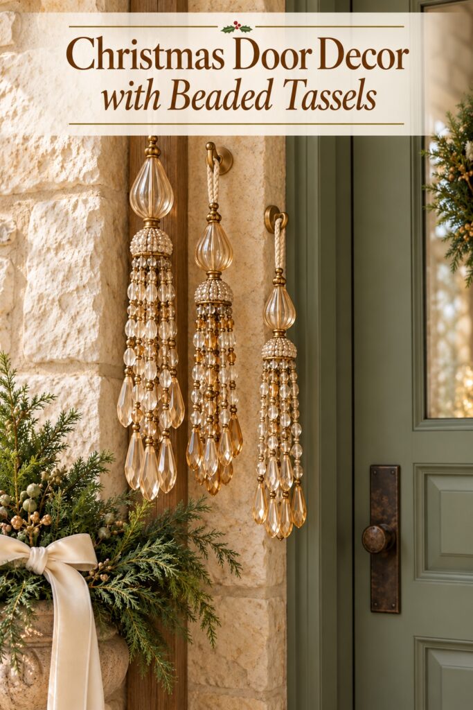 Three beaded Christmas tassels with fluted top beads and hanging glass drops beside a sage front door with text Christmas Door Decor with Beaded Tassels