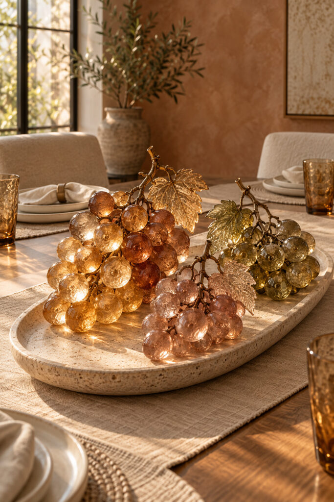 Three warm colored decorative glass grape clusters with stems and leaves on an oval Thanksgiving platter