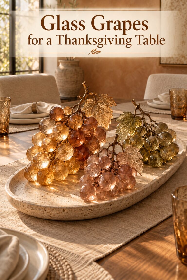 Three warm colored decorative glass grape clusters with stems and leaves on an oval Thanksgiving platter with text Glass Grapes for a Thanksgiving Table