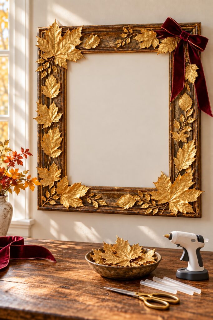 Dark wooden frame with gold faux maple leaves and a crimson velvet corner bow above a table with spare leaves and hot glue supplies