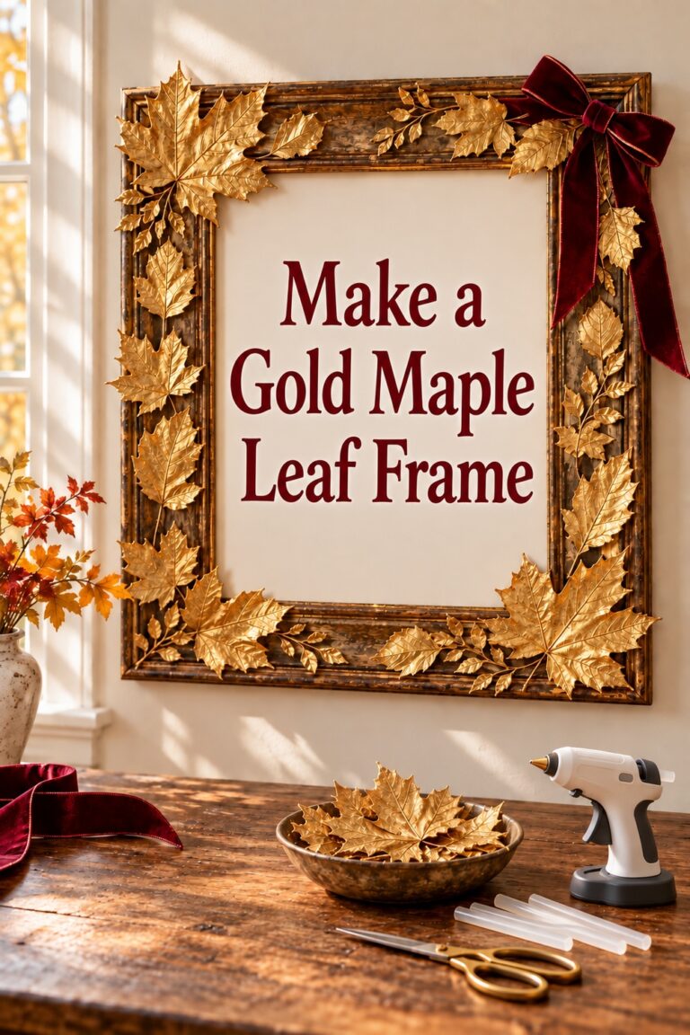 Gold faux maple leaves and crimson bow around a dark frame with the words Make a Gold Maple Leaf Frame