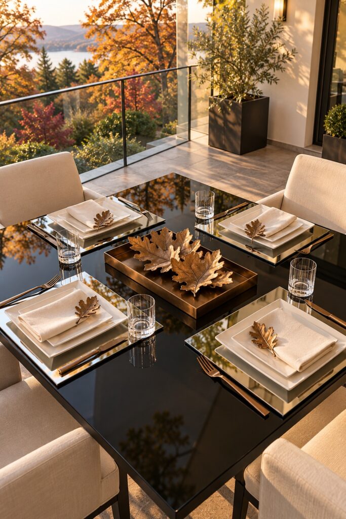 Ivory square plates with metallic oak leaves and mirrored bases around a low bronze leaf centerpiece