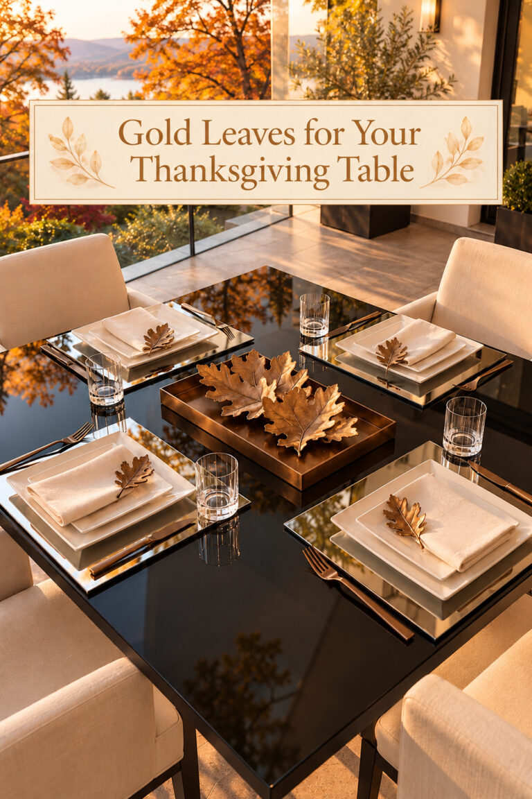 Metallic leaves on ivory place settings with the words Gold Leaves for Your Thanksgiving Table